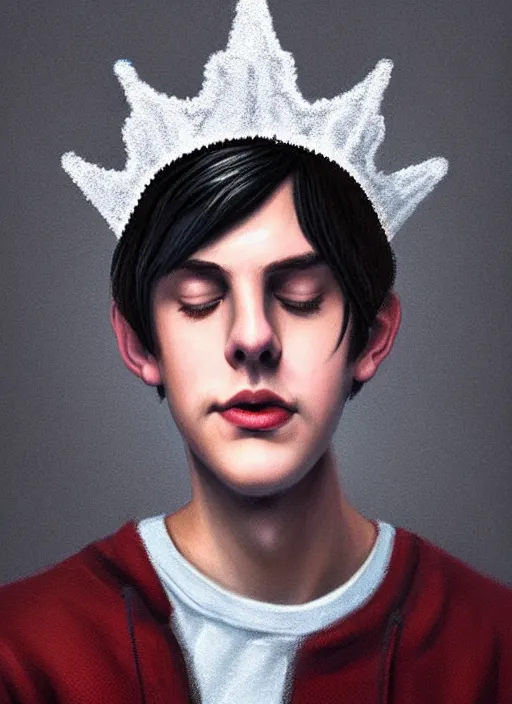 Image similar to portrait of teenage jughead jones wearing a light grey crown, photorealistic, crown, eyes closed, crown, black hair, sweater with letter s on it, letter s, intricate, elegant, glowing lights, highly detailed, digital painting, artstation, concept art, smooth, sharp focus, illustration, art by wlop, mars ravelo and greg rutkowski