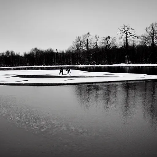 Prompt: on a man made lake there’s a sheet of thin ice where unskilled skaters couldn’t figure-eight twice