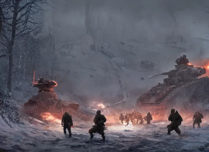 Image similar to soviet soldiers fighting against nazi monstrous robots in world war two eastern front setting, dieselpunk, winter concept art, artstation, stephen bliss, unreal engine, art by greg rutkowski, pixar, global illumination, radiant light, detailed and intricate environment