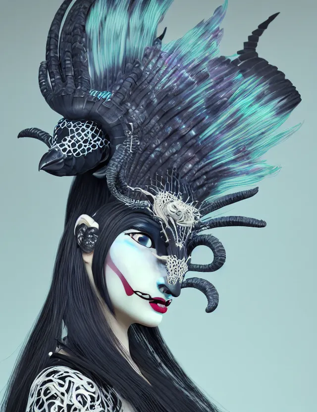 Image similar to 3 d goddess close - up profile simple portrait punk with mohawk with goat skull. beautiful intricately detailed japanese crow kitsune mask and clasical japanese kimono. betta fish, jellyfish phoenix, bio luminescent, plasma, ice, water, wind, creature, artwork by tooth wu and wlop and beeple and greg rutkowski