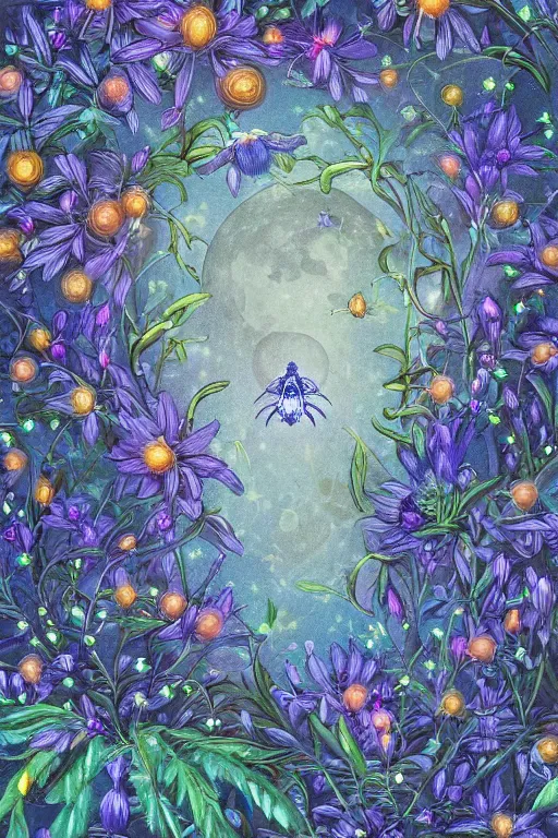 Prompt: beautiful digital matter cinematic painting of whimsical botanical illustration blue flowers moon fireflies tenchanted dark background, whimsical scene by alex grey artstation