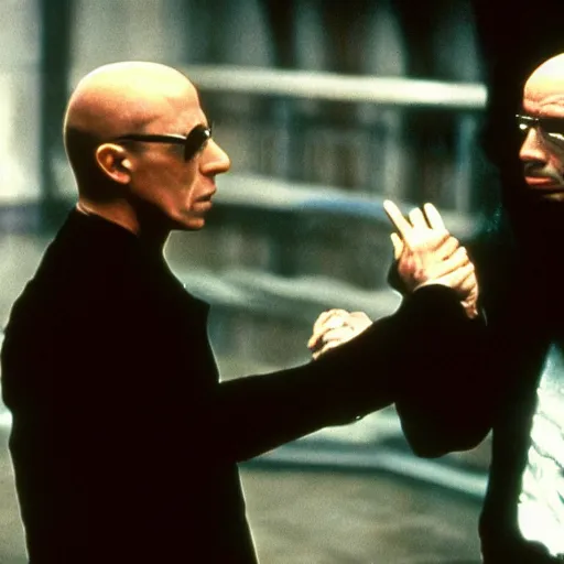 Image similar to Scene from Matrix 5 where Neo fights Michel Foucault played by Rock Hudson