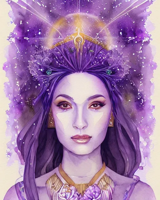 Prompt: watercolor portrait of a lunar priestess, lavender flowers, artgerm, radiant halo of light, gilding, intricate design