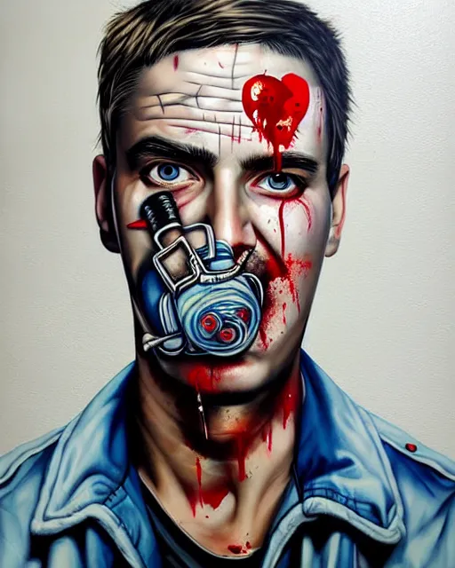 Image similar to portrait of a man wearing oxygen mask, has a sword, blood, a pistol with sea background intricate details with horror side profile by Sandra Chevrier