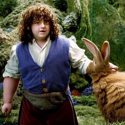 Prompt: Bartook a teen hobbit with short curly dark brown hair wearing a blue vest with a white sash standing next to a giant rabbit, high resolution film still, movie by Peter Jackson