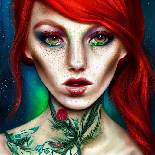 Image similar to a red haired, beautiful woman with blue / green eyes, some freckles, pale skin deep focus, elegant, digital painting, smooth, sharp focus, 8 k, art by jasmine becket griffith and tim burton