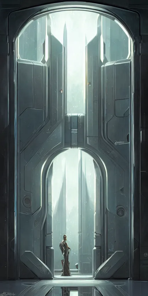 Image similar to hyper realistic art - deco sci - fi double door by jordan grimmer, darek zabrocki