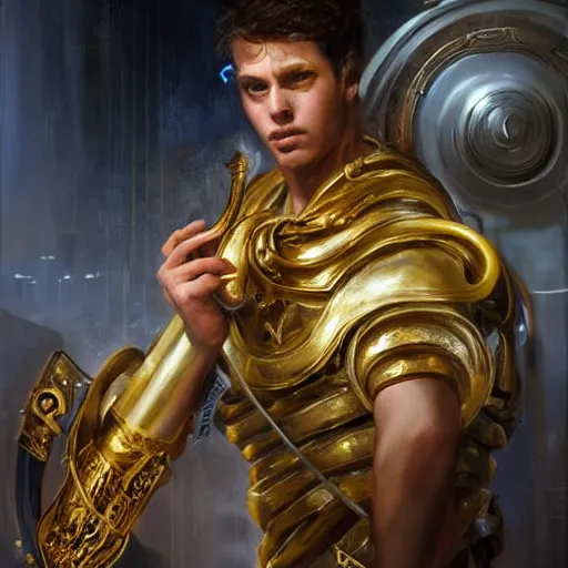 Prompt: stunning portrait of greek argonaut Orpheus wearing a golden lyre, painting by Raymond Swanland, cyberpunk, sci-fi cybernetic implants hq