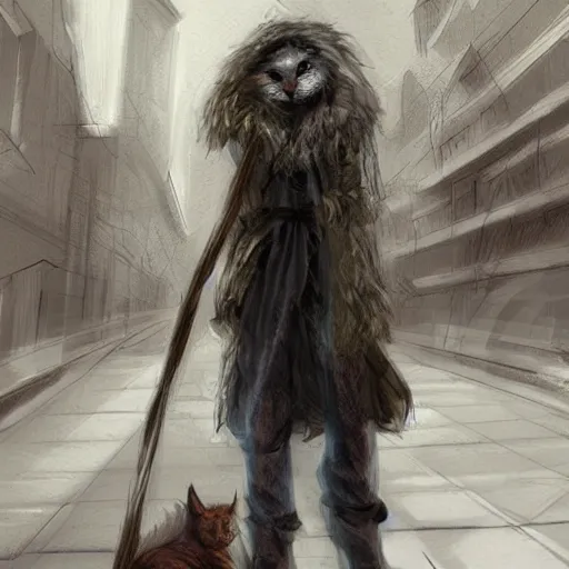 Image similar to digital art, humanoid homeless cat, concept art, d & d, fantasy