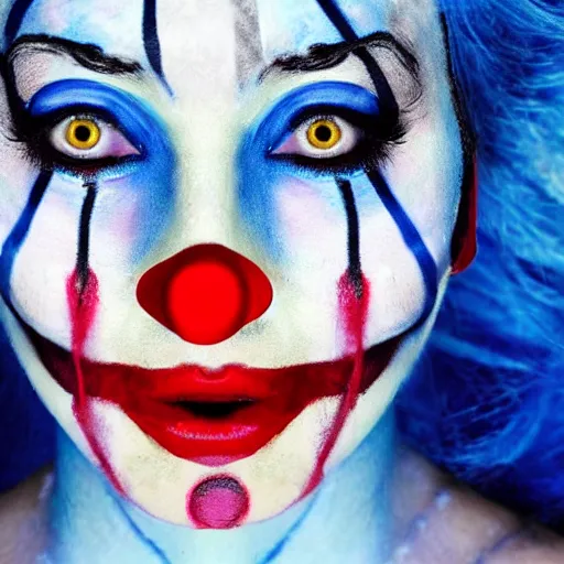 Prompt: a person with blue hair and a clown makeup, a photorealistic painting by cindy sherman, dribble, plasticien, horror film, antichrist, creepypasta