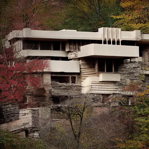 Prompt: fallingwater house in disrepair, abandoned, frank loyd wright style, photograph, detailed, 4 k