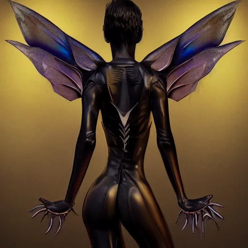 Prompt: a beautiful dark cyberpunk faerie with large wings in a dynamic pose, symmetrical face, art by Casimir, artgerm, melting, negative space, Photorealistic, dynamic lighting, cinematic