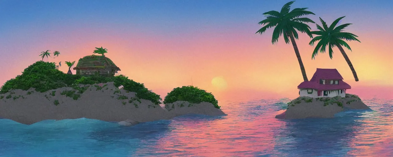 Image similar to small house on a tiny island in the middle of the ocean, (((colorful clouds))), sunset, palm trees, ghibli style