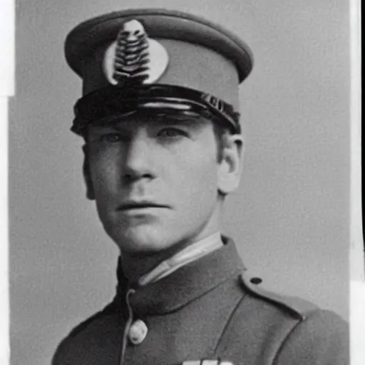 Image similar to Ewan McGregor as an officer during WW1, grainy monochrome photo