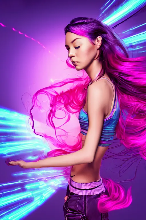 Image similar to a award winning half body portrait of a beautiful woman in a croptop and cargo pants with ombre purple pink teal hairstyle with head in motion and hair flying, surrounded by whirling illuminated lines, outrun, vaporware, shaded flat illustration, digital art, trending on artstation, highly detailed, fine detail, intricate