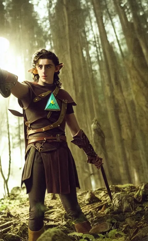 Image similar to epic cinemati shot of Timothee Chalamet starring as Link from Legend of Zelda, 8k movie scene, elf ears, long blonde hair, +++ super super super dynamic posing, super serious facial expression, holding a sword & shield, ocarina of time movie, concept photos, dynamic lighting, dynamic shaders, night time, in the forest, fairy light above