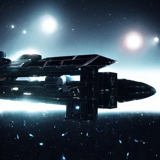 Image similar to spaceship transporting cargo containers, black background, eve online, the expanse, long shot, gritty, industrial