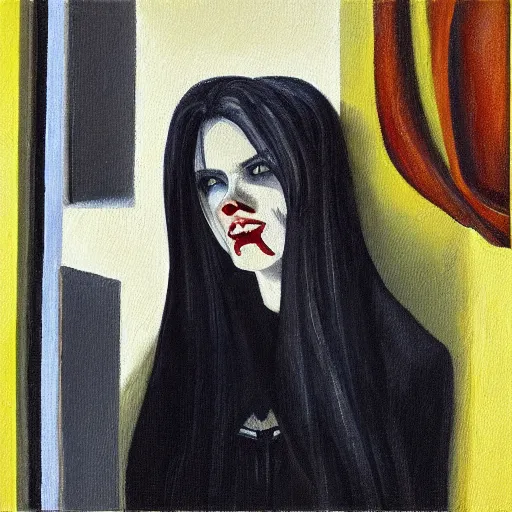 Image similar to vampire looking out her window from her apartment, oil painting