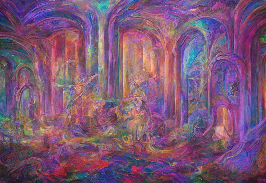 Image similar to iridescent temple of sleep deva architecture dreamer mythos phantasms, award winning oil painting, polychromatic spectrum
