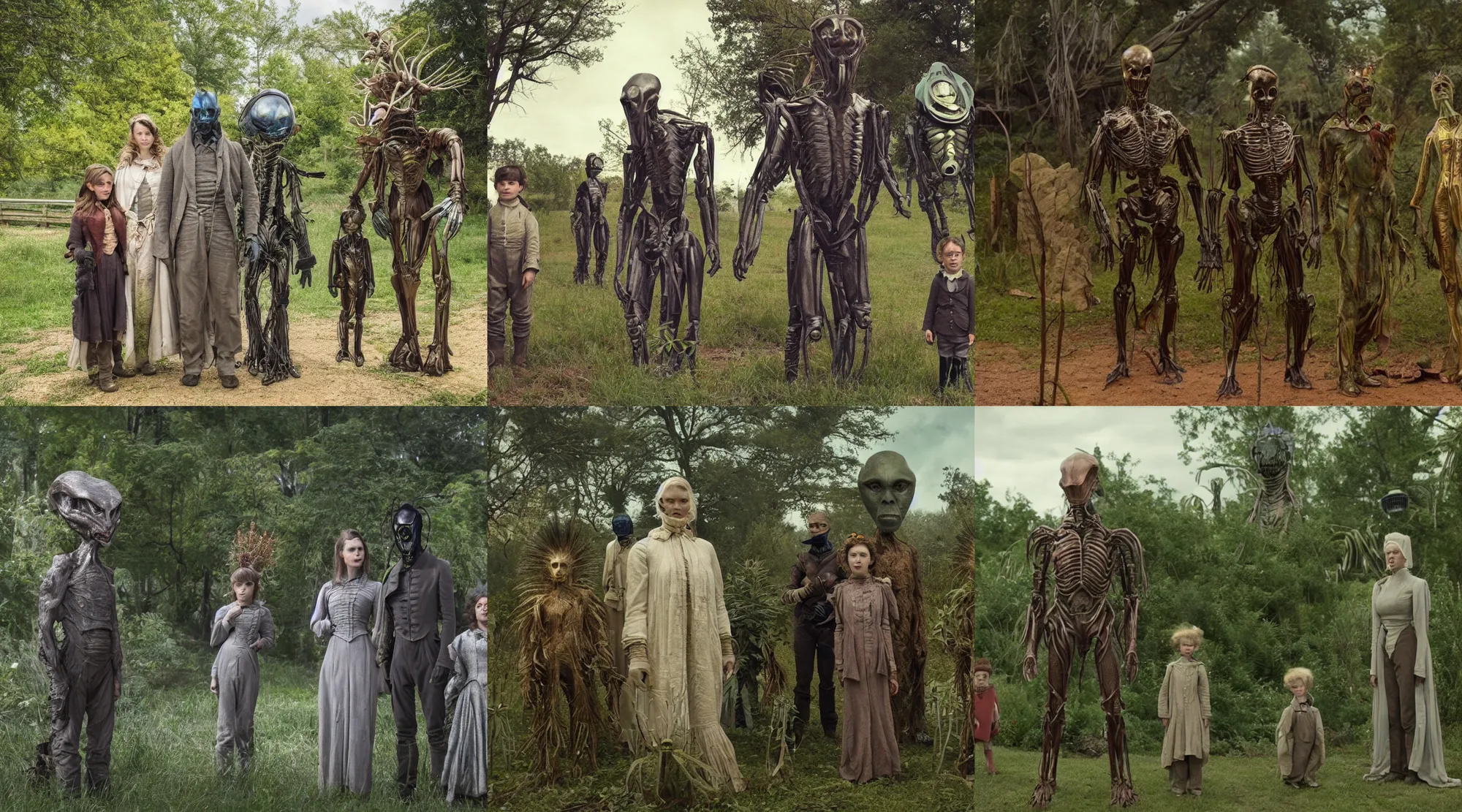 Prompt: film still from a sci fi blockbuster movie made in 2022, set in 1860, of a family standing next to some strange wild alien plants wearing 1850s era clothes, a humanoid alien standing nearby, in a park on a strange alien planet, cinematic lighting, 8k, faces in focus, oscar winner, high quality photography