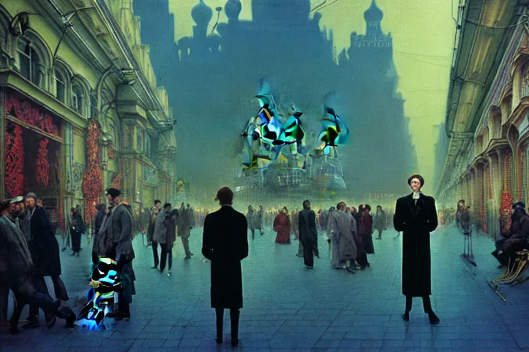 Image similar to realistic detailed photorealistic film portrait shot of a single skeleton wearing crimson velvet blazer in a crowded futuristic moscow street by Denis Villeneuve, Amano, Yves Tanguy, Alphonse Mucha, Ernst Haeckel, Andrei Tarkovsky, Edward Robert Hughes, Roger Dean, rich moody colours, wide angle, blue eyes