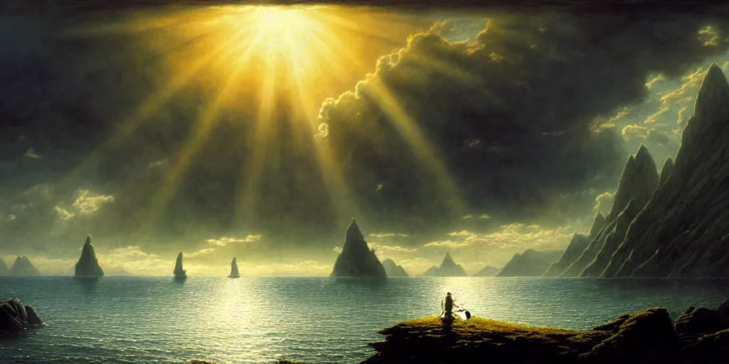 Prompt: a hobbit out at a lord of the rings scenery landscape, staring across the sea at a white timber sail boat leaving harbour, evening, god's rays highly detailed, vivid colour, soft clouds, full moon, cinematic lighting, perfect composition, gustave dore, derek zabrocki, greg rutkowski, belsinski