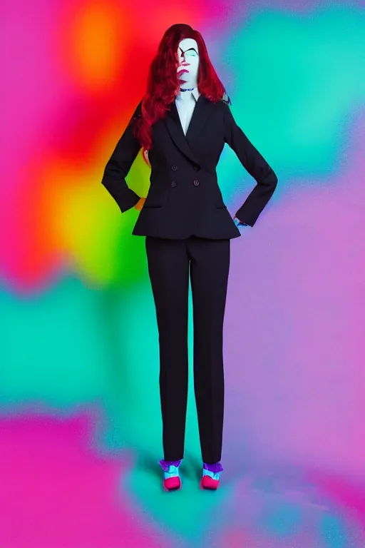 Image similar to realistic photoshooting for trouser suit for a rave, bright colors, vhs colour photography, fashion photography, vogue, smooth skin, perfect face, 8 0 mm lens, 1. 2 aperture, cinematic light, very detailed,