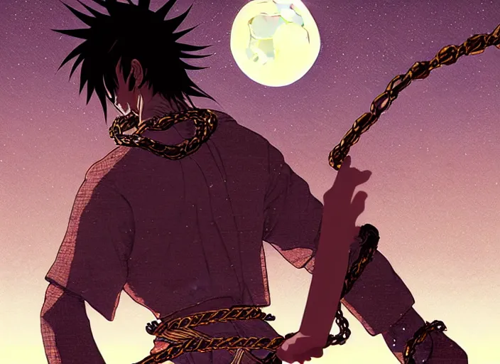 Prompt: samurai vagabond WITH A MOON BEHIND , HAS 4 ARMS AND IS WRAPPED IN CHAINS, manga,detailed, studio lighting, gradation,editorial illustration, matte print, Ilya Kuvshinov, concept art, digital