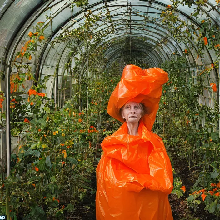 Prompt: closeup portrait of a woman wrapped in orange cellophane, standing in an overgrown greenhouse, color photograph, by paula rego, canon eos c 3 0 0, ƒ 1. 8, 3 5 mm, 8 k, medium - format print