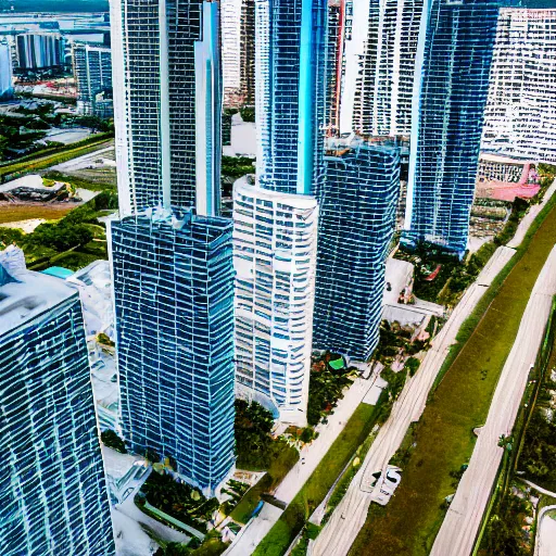 Prompt: isometric real photo of North Miami highrises on a sunny day, Miami skyline, HDR, DSLR photography, wide lens, high angle