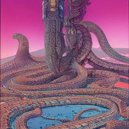 Prompt: floating city held up by a massive serpent, by moebius, sci - fi art, 1 6 mm, incomprehensibly massive, teeming with life