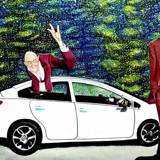 Image similar to larry david standing on roof of 2009 prius, worhol painting, painting