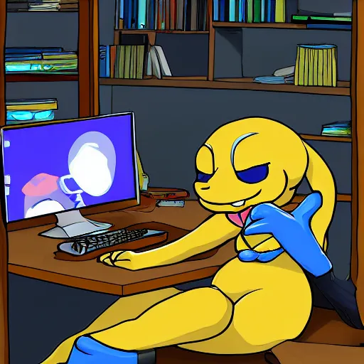 Prompt: Alphys from undertale sitting at her computer, digital art, fanart