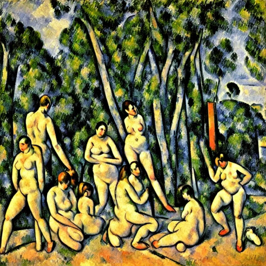 Image similar to the bathers with kangaroo. a oil painting by paul cezanne