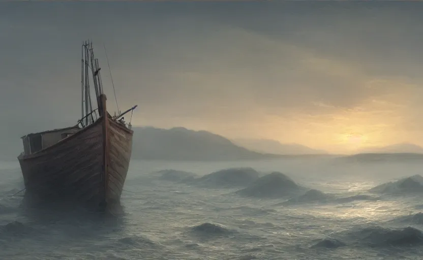 Prompt: old wooden fishing boat, directed by charlie kaufman ( 2 0 0 1 ) anamorphic lenses, a rocky shore in the foreground, foggy volumetric light morning, a beam of light from the heavens, cinematic trending on artstation in the style of greg rutkowski