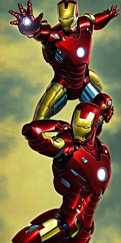Image similar to iron man by hieronymus bosch, highly detailed, realistic, abstract background, action pose