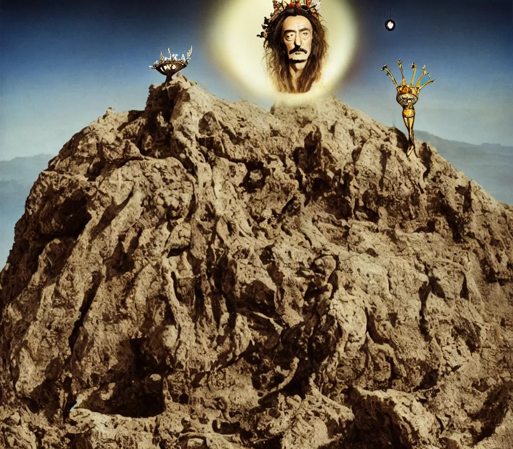 Image similar to portrait of salvador dali wearing a crown and costume with jewels in a dry rocky desert landscape, visible sky and sunny atmosphere, alien spaceship by giger, film still from the movie by alejandro jodorowsky with cinematogrophy of christopher doyle and art direction by hans giger, anamorphic lens, kodakchrome, very detailed photo, 8 k