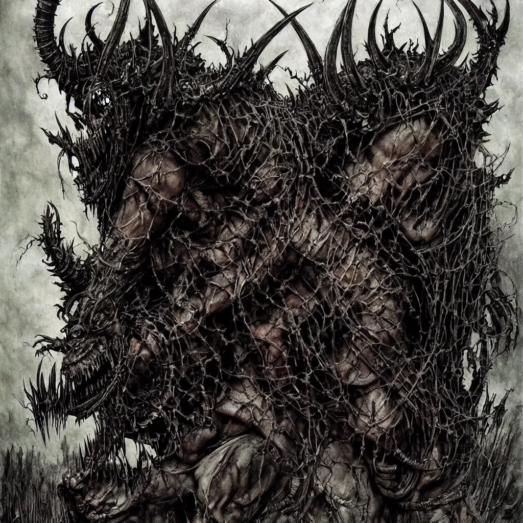 Prompt: a creepy armored horned fanged demon with black scarred skin wrapped in barbed wire. extremely high detail, realistic, fantasy art, solo, bones, masterpiece, saturated colors, tangled, ripped flesh, art by arthur rackham, dariusz zawadzki. black metal cover art