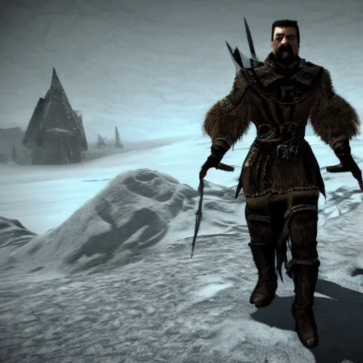 Prompt: Igor Ghirkin Strelkov in The Elder Scrolls V: Skyrim, cinematic still