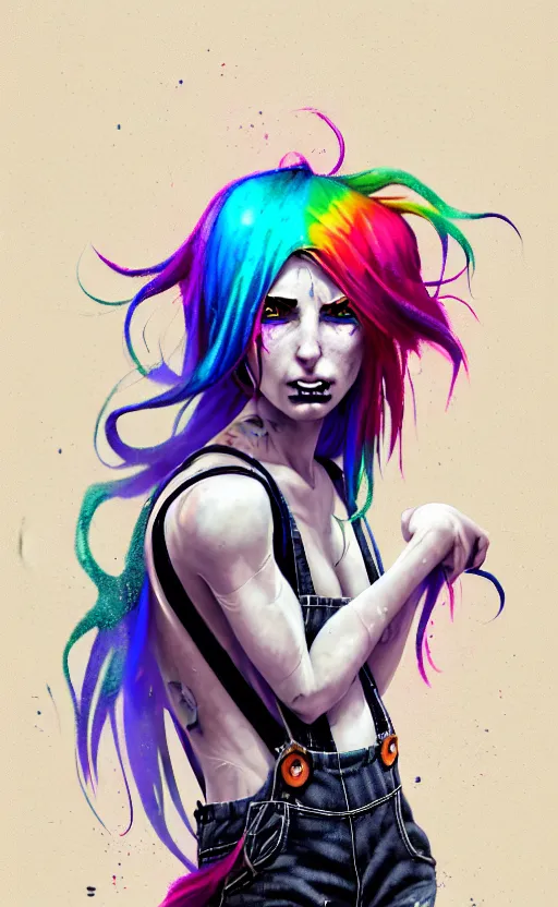 Prompt: a grungy woman with rainbow hair, drunk, angry, soft eyes and narrow chin, dainty figure, long hair straight down, torn overalls, basic white background, side boob, symmetrical, single person, style of by Jordan Grimmer and greg rutkowski, crisp lines and color, k_lms,