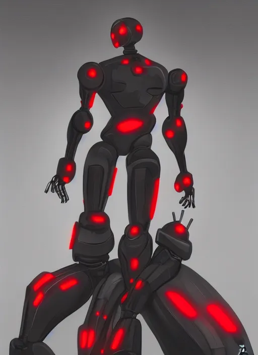 Prompt: a robot wearing a black grey and red outfit, full body shot, highly detailed, digital painting, artstation, concept art, smooth, sharp focus, illustration, cartoon