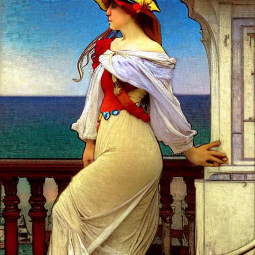 Image similar to A girl with jester hat and clothes on a greek archi circle on the front of a Balustrade with a beach and a sail boat on the background, major arcana clothes, by alphonse mucha and arnold böcklin arnold böcklin arnold böcklin, paul delaroche, hyperrealistic 8k, very detailed