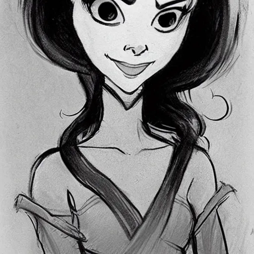 Image similar to milt kahl sketch of victoria justice with done up hair, tendrils covering face and ponytail as princess padme from star wars episode 3