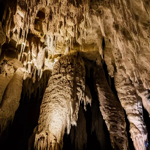 Prompt: deep inside an ancient cave with stalagmites and stalactites, eerie, photography