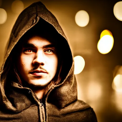 Image similar to portrait of a mysterious wizard with a Hood, bright eyes, fantasy, bokeh, magic lights, cinematic