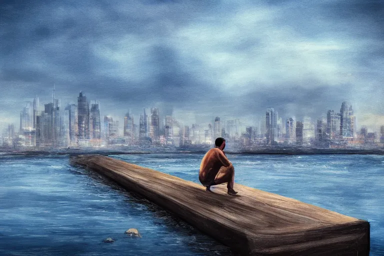 Image similar to A man sitting on a jetty, city in the background, cinematic lighting, Digital Painting