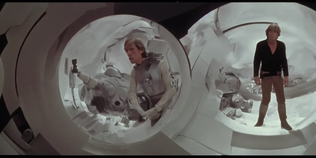 Image similar to screenshot portrait of Luke Skywalker, on a planet of maelstrom, chaos, the world without form and void, 1970s film by Stanley Kubrick, iconic scene, HR Geiger design, stunning cinematography, hyper-detailed, sharp, anamorphic lenses, kodak color, 4k, stunning