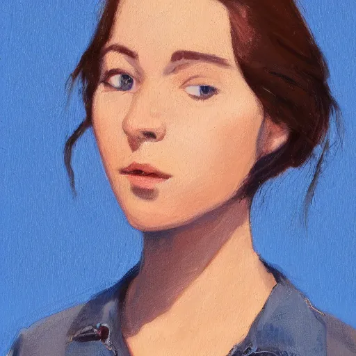 Prompt: a portrait of a young woman around 2 2 yo. detailed face, natural brown hair. blue sky in background - 6