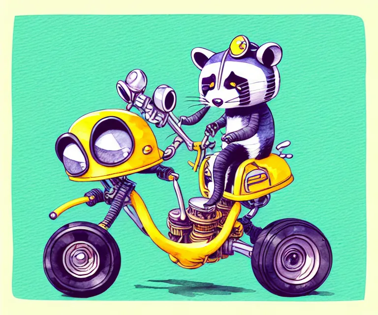 Image similar to cute and funny, racoon wearing a helmet riding in a tiny hot rod with oversized engine, ratfink style by ed roth, centered award winning watercolor pen illustration, isometric illustration by chihiro iwasaki, edited by range murata, tiny details by beeple, symmetrically isometrically centered