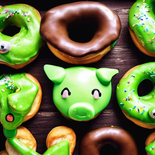 Prompt: A photography of green pig eating donuts, 4k, winning awards, HD